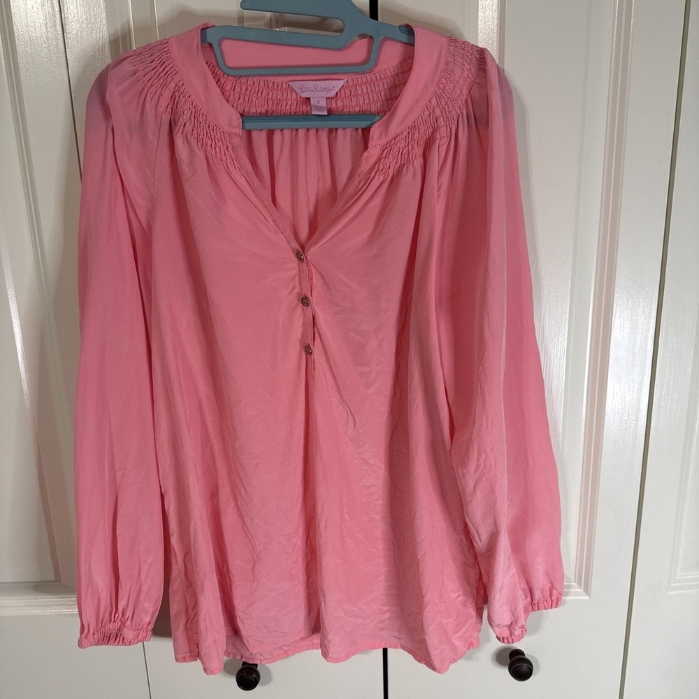 Lilly Pulitzer Women's Silk Pink Long Sleeve Poetic Top Size Small